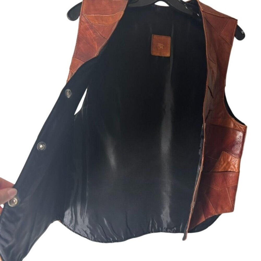 Vintage Leather Patchwork Vest Genuine Mexico-Made Mens Apparel Snap Closure - Picture 5 of 10